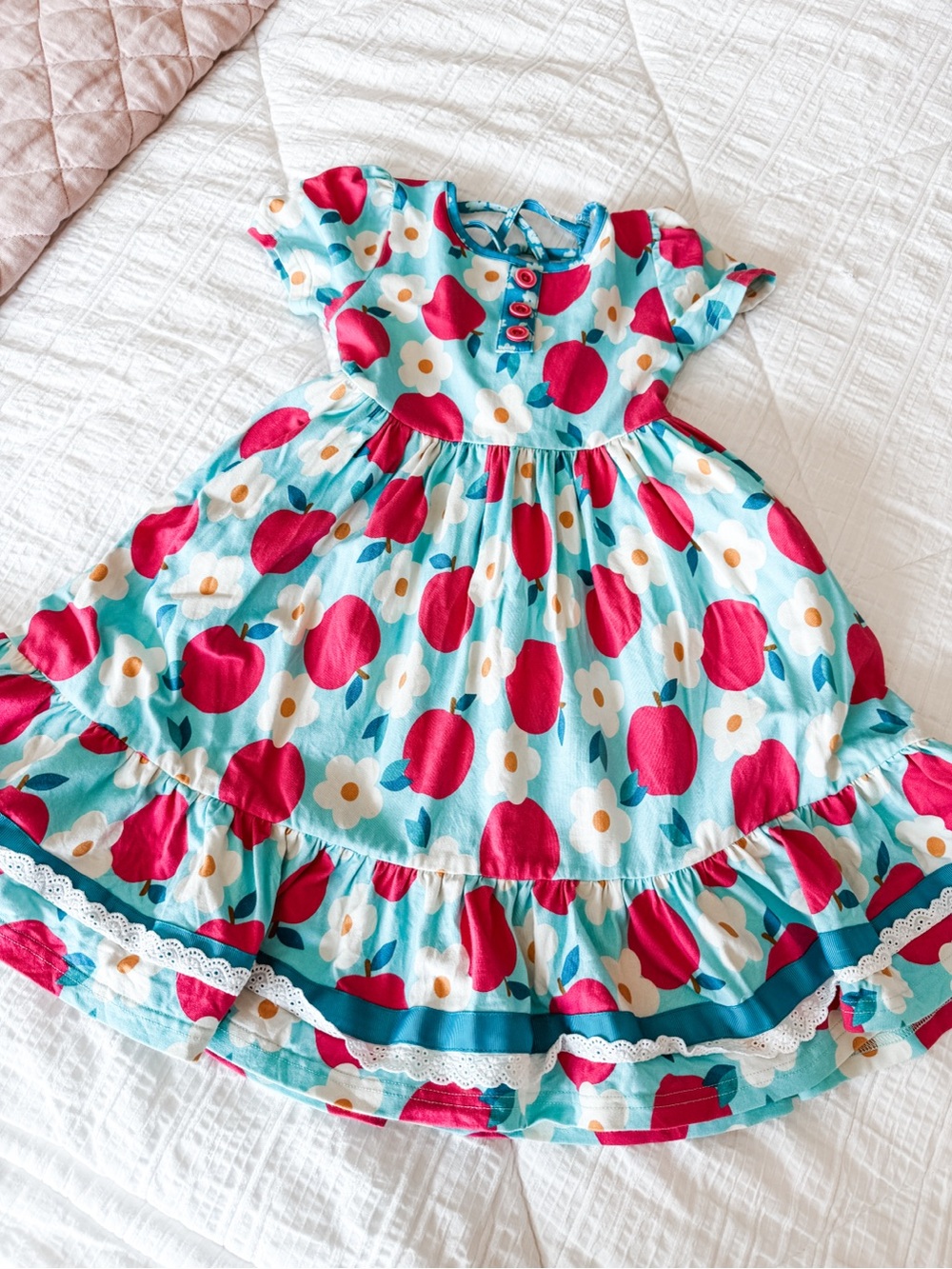 Girls Cotton Apple & Daisy Print Dress in Teal and Pink